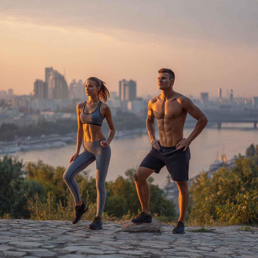 athletic man in his 40s doing morning stretching outdoors in a sunny park, energetic and focused, natural light